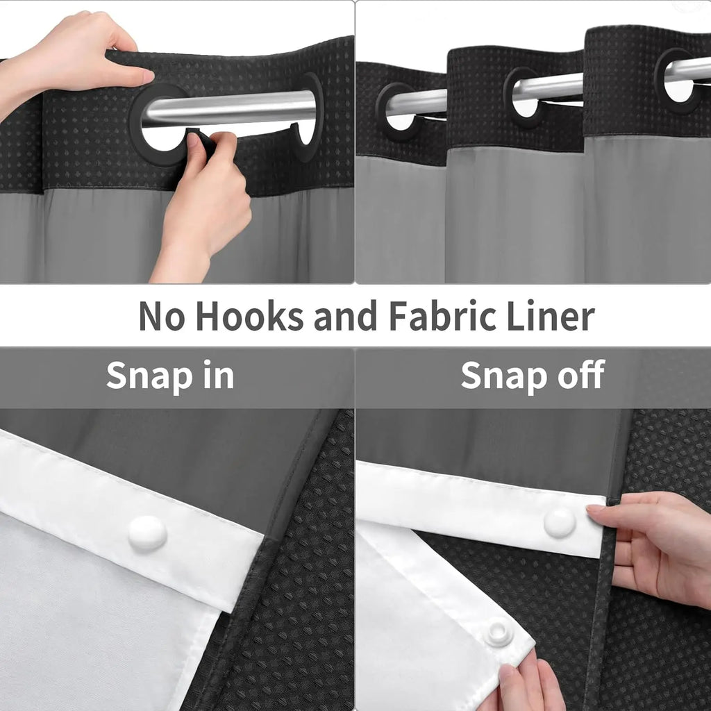No Hooks Shower Curtain Set with Snap-In Liner – Waterproof Hotel-Grade Waffle Weave Fabric for Easy Spa-Style Bathroom Upgrade