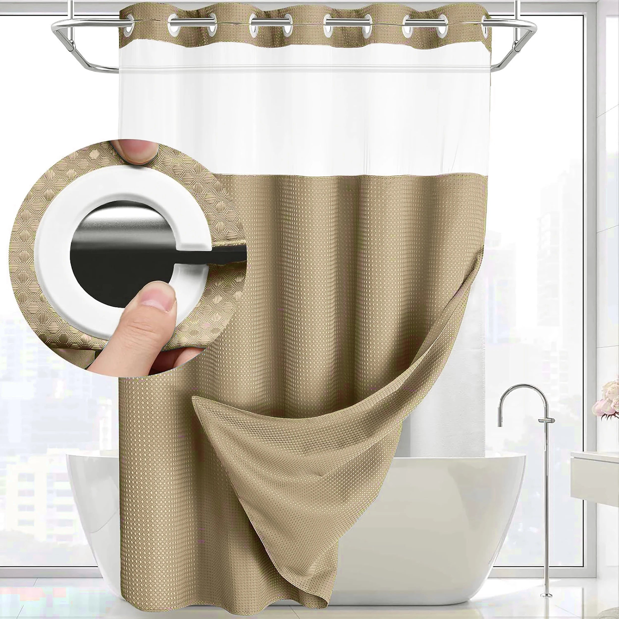 No Hooks Shower Curtain Set with Snap-In Liner – Waterproof Hotel-Grade Waffle Weave Fabric for Easy Spa-Style Bathroom Upgrade