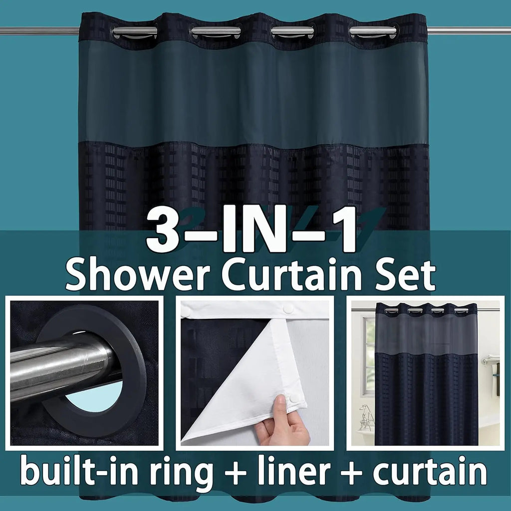 No Hooks Shower Curtain Set with Snap-In Liner – Waterproof Hotel-Grade Waffle Weave Fabric for Easy Spa-Style Bathroom Upgrade