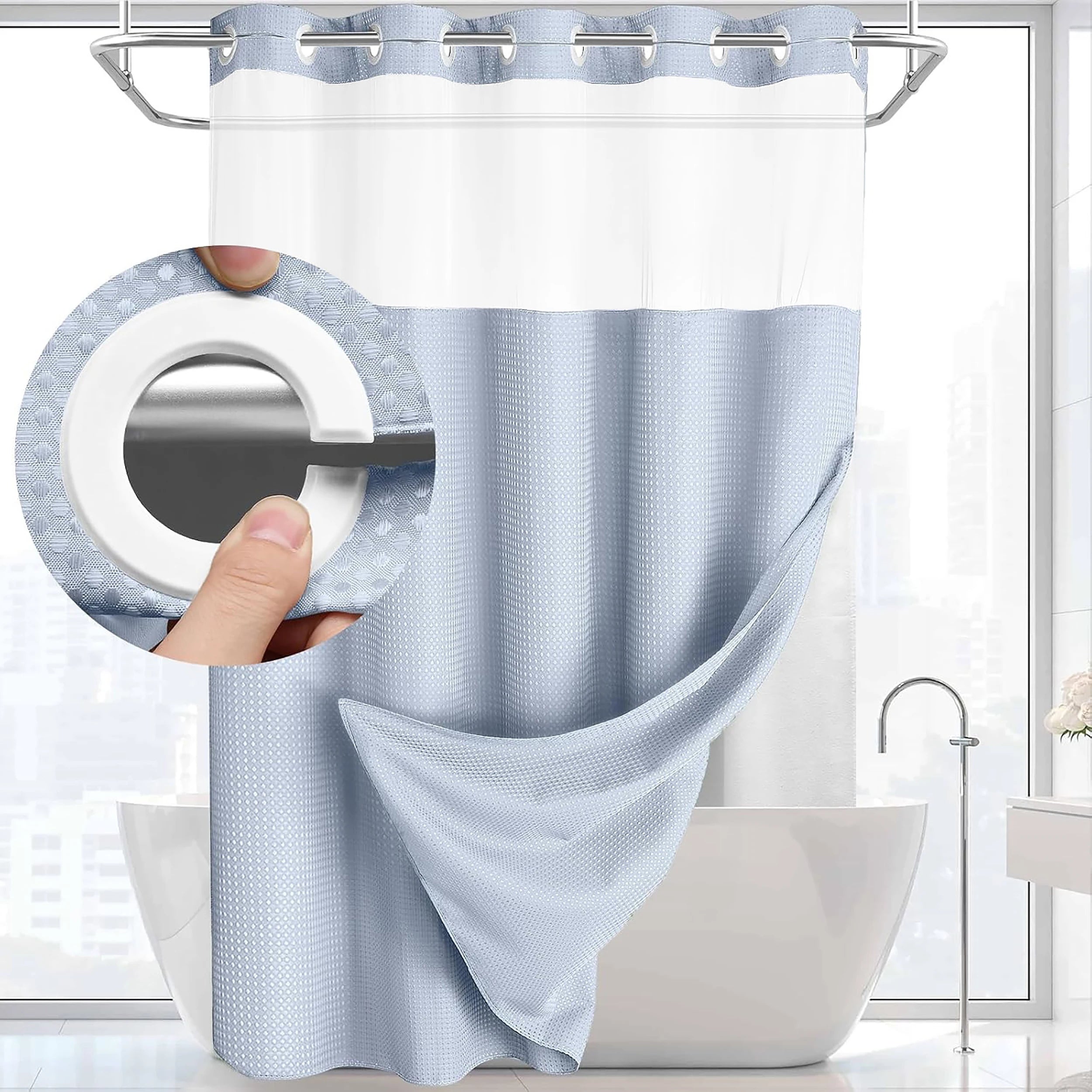 No Hooks Shower Curtain Set with Snap-In Liner – Waterproof Hotel-Grade Waffle Weave Fabric for Easy Spa-Style Bathroom Upgrade