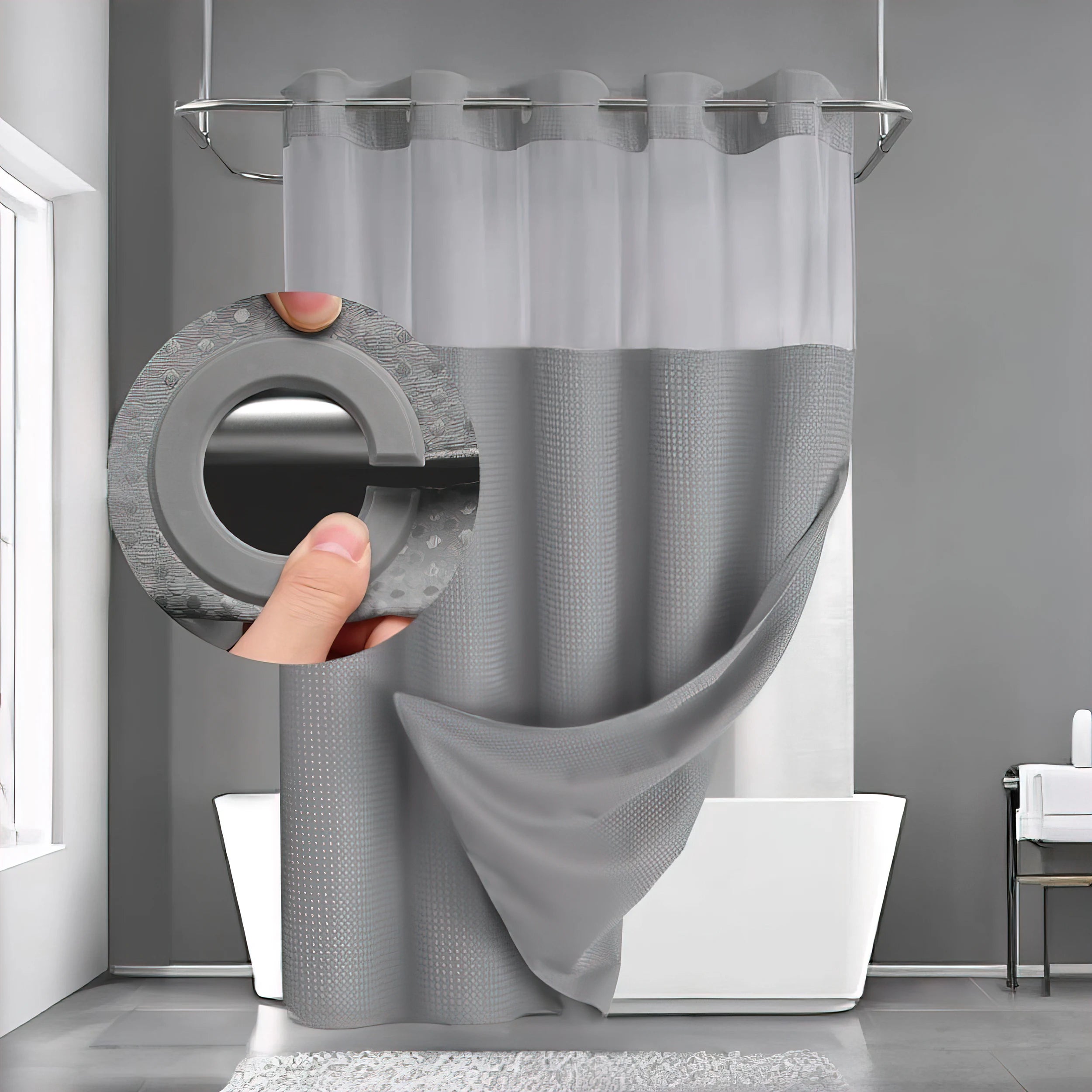 No Hooks Shower Curtain Set with Snap-In Liner – Waterproof Hotel-Grade Waffle Weave Fabric for Easy Spa-Style Bathroom Upgrade