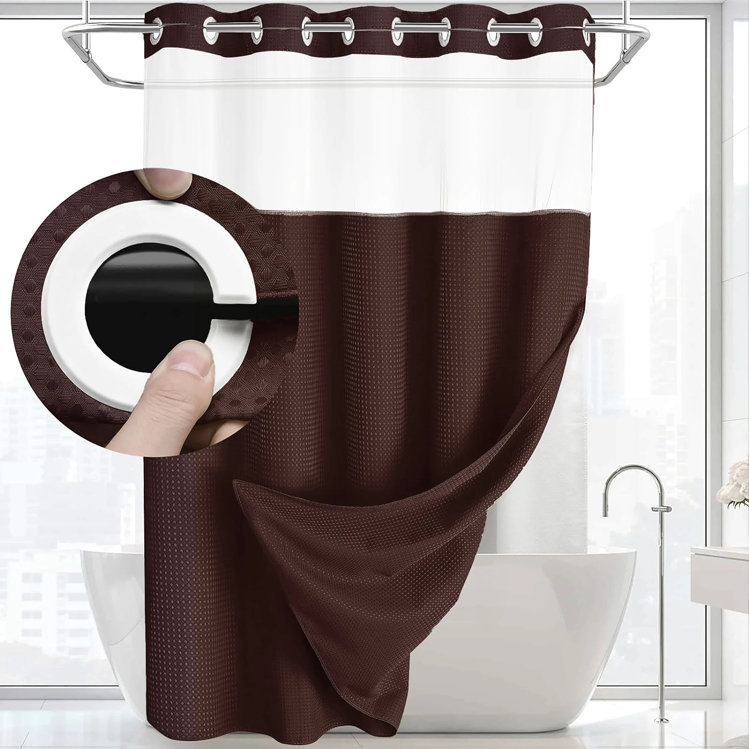 No Hooks Shower Curtain Set with Snap-In Liner – Waterproof Hotel-Grade Waffle Weave Fabric for Easy Spa-Style Bathroom Upgrade