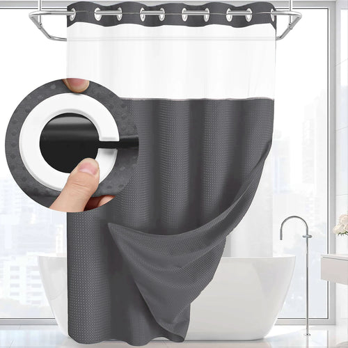 No Hooks Shower Curtain Set with Snap-In Liner – Waterproof Hotel-Grade Waffle Weave Fabric for Easy Spa-Style Bathroom Upgrade