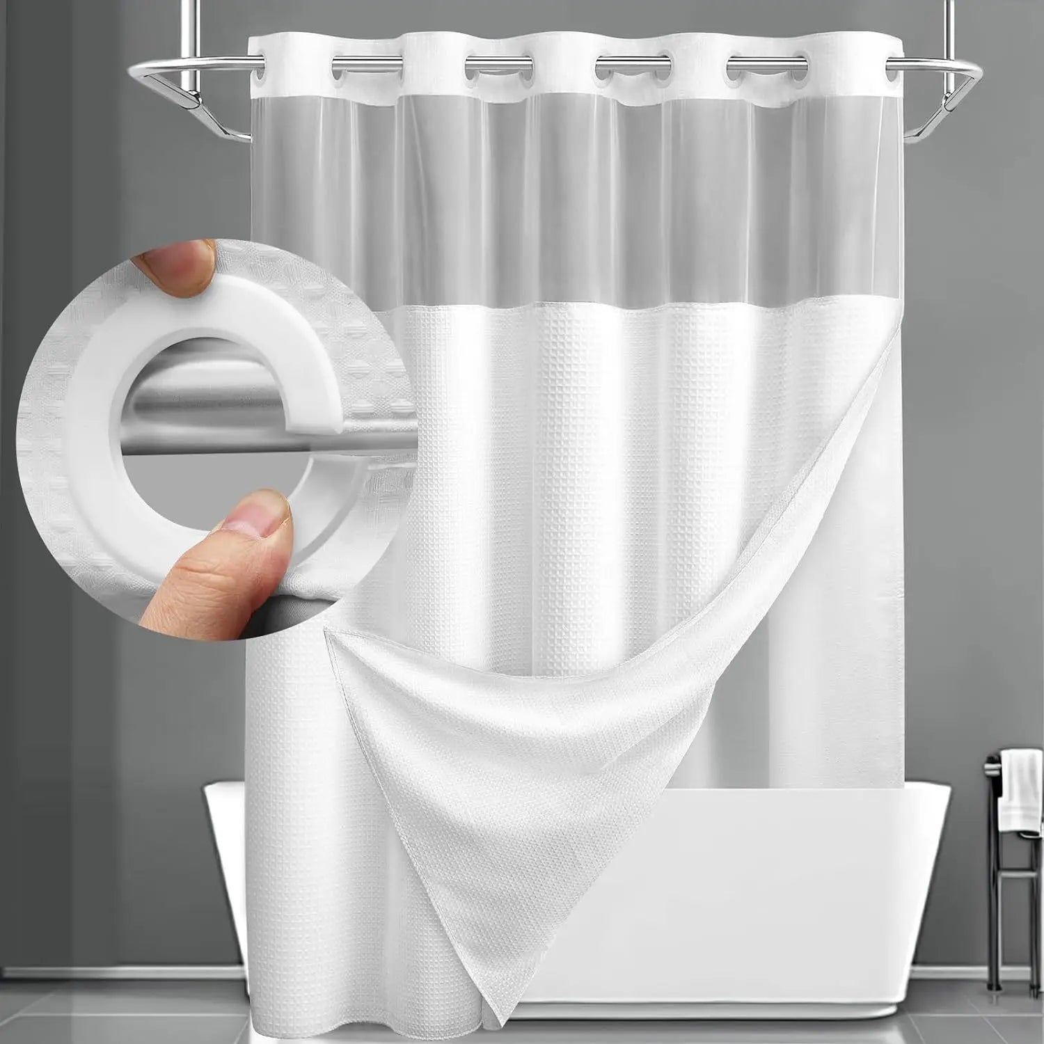 No Hooks Shower Curtain Set with Snap-In Liner – Waterproof Hotel-Grade Waffle Weave Fabric for Easy Spa-Style Bathroom Upgrade