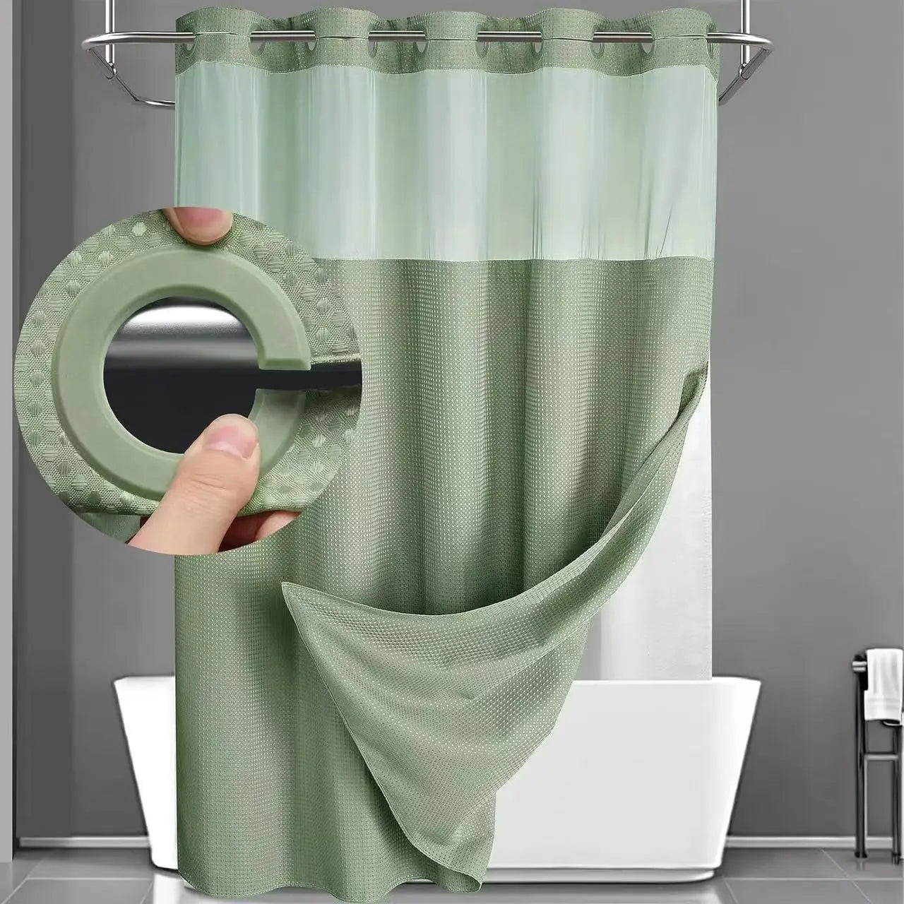 No Hooks Shower Curtain Set with Snap-In Liner – Waterproof Hotel-Grade Waffle Weave Fabric for Easy Spa-Style Bathroom Upgrade